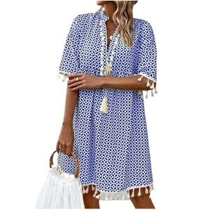 Amazon Women's Boho V-Neck Tassel Dress Blue Geometric Print Size S